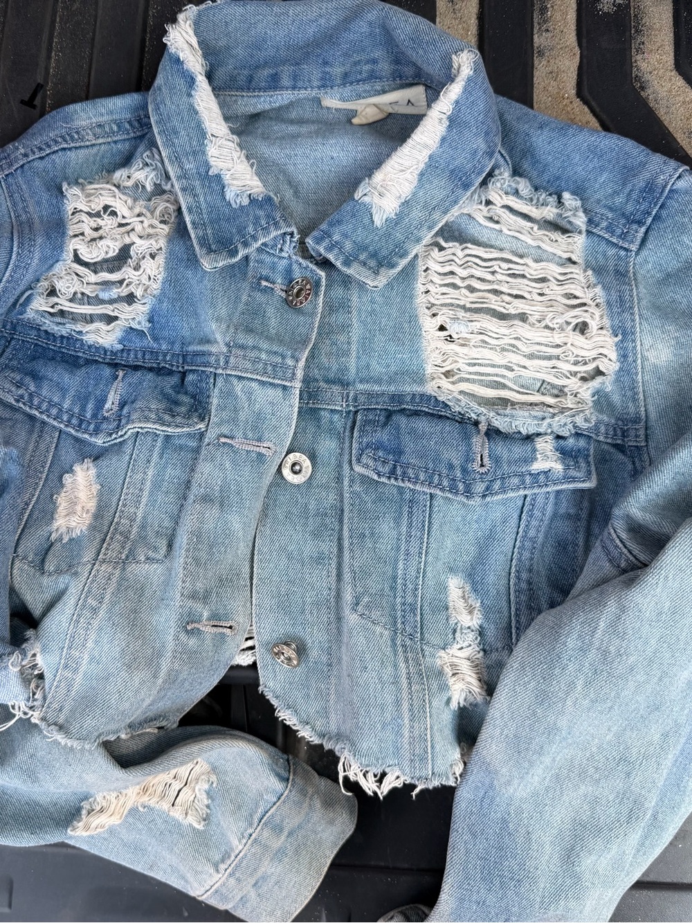 Distressed Light Blue Cropped Denim Jacket - Casual Jean Jacket